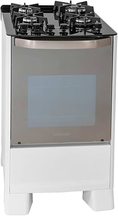 SUGGAR FOGÃO MASTER GRILL BRANCO MESA DE VIDRO 4 BOCAS TRIPLA CHAMA GRILL 110V TREMPE FERRO FUNDIDO ACENDIMENTO SUPERAUTOMÁTICO FGVMTG411BR