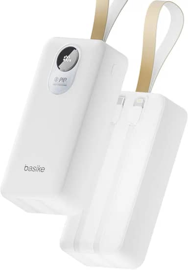 Basike Power Bank, Carregador Portátil Universal 30000mAh, USB-A (até 22,5W, QC) + USB-C (até 20W, PD), 2 Cabos Integrados (USB-C e Lightning), Carregamento Rápido, Proteção Inteligente – Branco