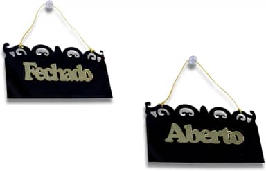 Placa Loja Aberto Fechado Acrilico Com Corrente E Ventosa preto com dourado