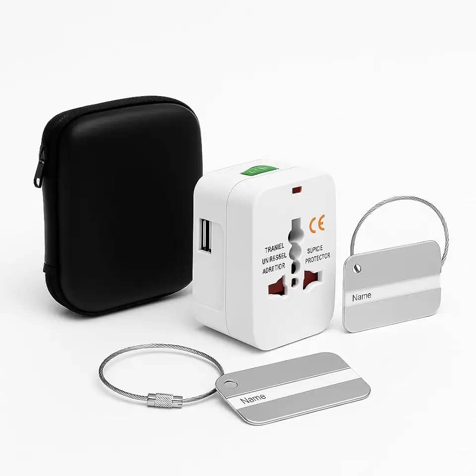 Kit Viagem Adaptador de Tomada Universal Vários Plugs com 2 Tags de Bagagem Metálica e Case Protetora Organizadora Preto – Compatível com +150 Países, Proteção Segurança Organização para Malas