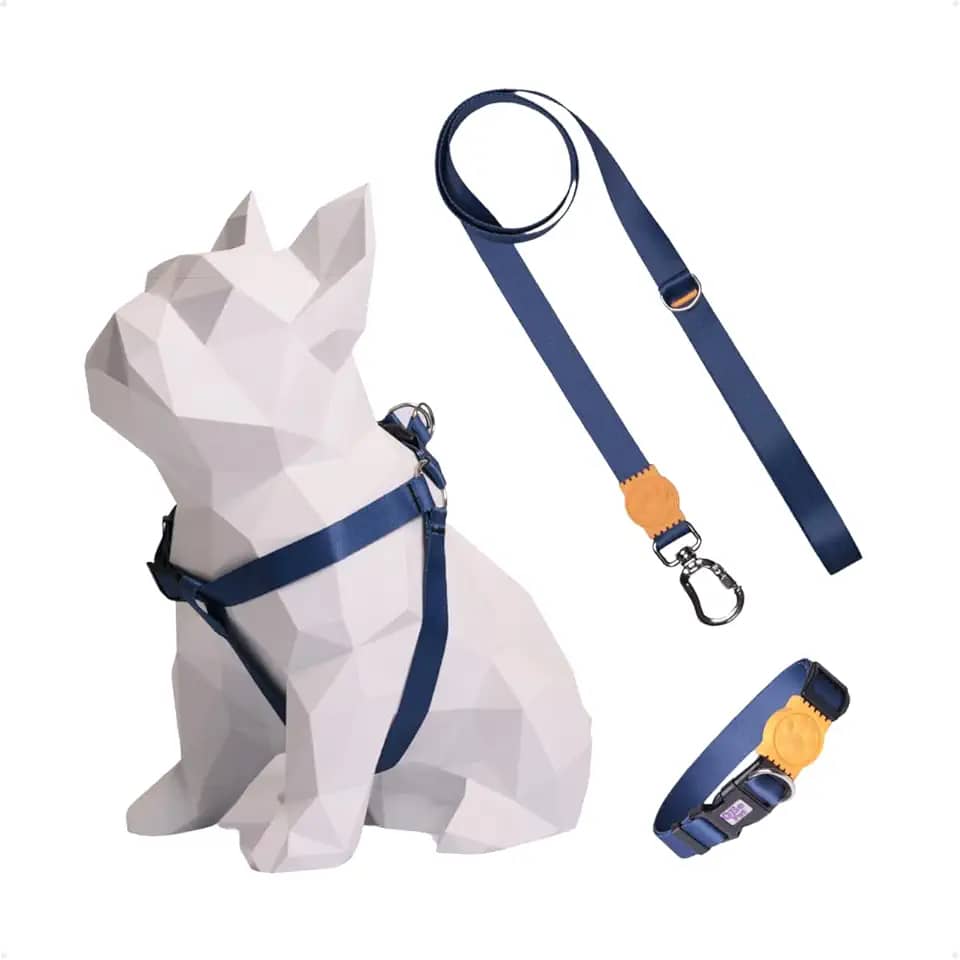 Kit Peitoral Americano Para Cachorro + Coleira + Guia De Passeio Ajustável (Azul Escuro/Laranja, PP)