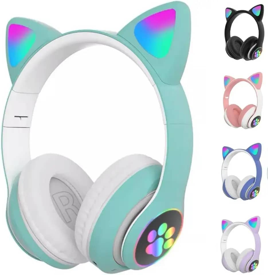 Fone De Ouvido Com Led Infantil Orelhinha Gato MUSICA SEM FIO COLORIDO GATINHO Bluetooth (AZUL)