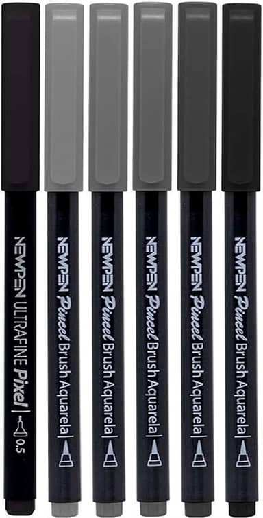 Caneta Ponta Pincel, Newpen, Brush Pen, Tons de Cinza, 6 Cores