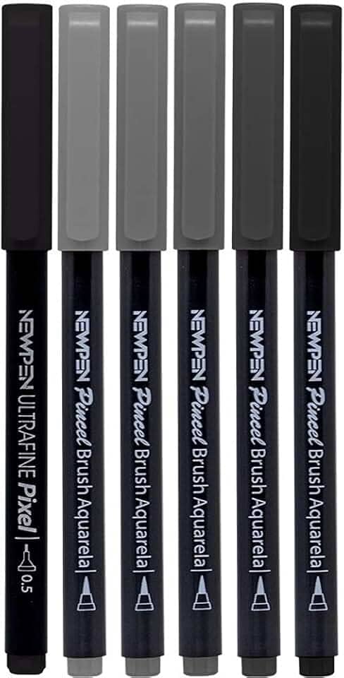 Caneta Ponta Pincel, Newpen, Brush Pen, Tons de Cinza, 6 Cores