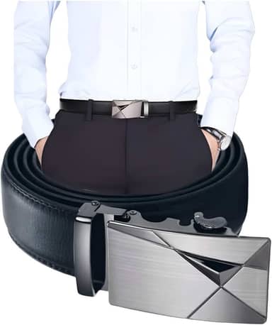 Cinto Social Masculino em Couro com Fivela Automática Geométrica, Design Moderno, Preto