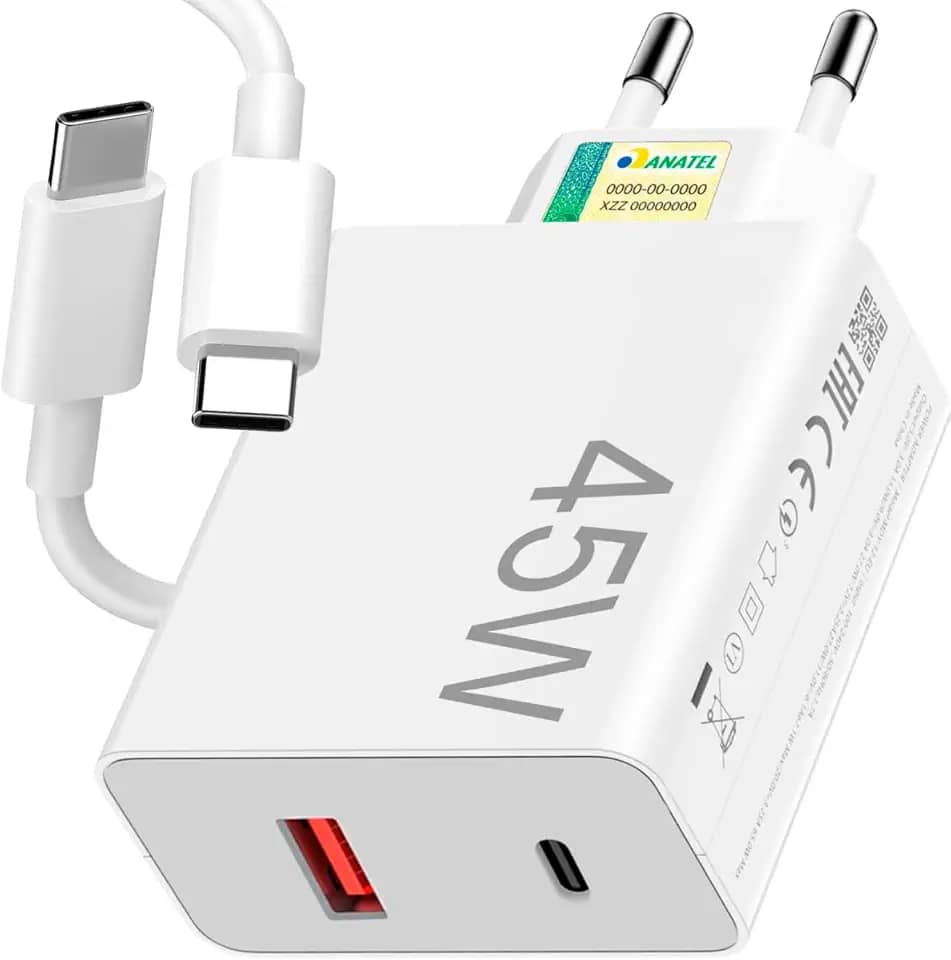 Kit Carregador Turbo 45W Ultra Rápido Tipo C e USB Com Carregamento Rápido + Cabo Tipo C Compatível Com Todos Aparelhos USB-C Qualidade Premium