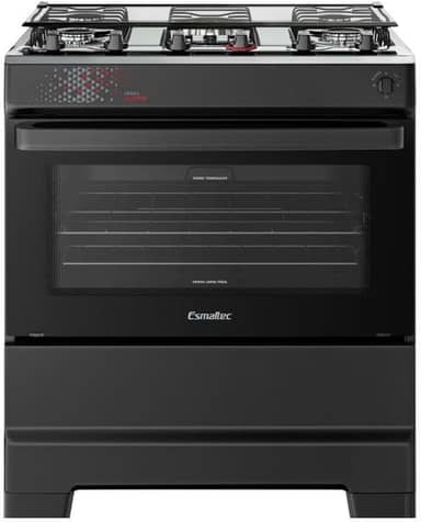 Fogão Esmaltec 5 Bocas Ideal Master Mesa Inox Tampa de Vidro Forno 84 Litros Preto T5ITP Bivolt