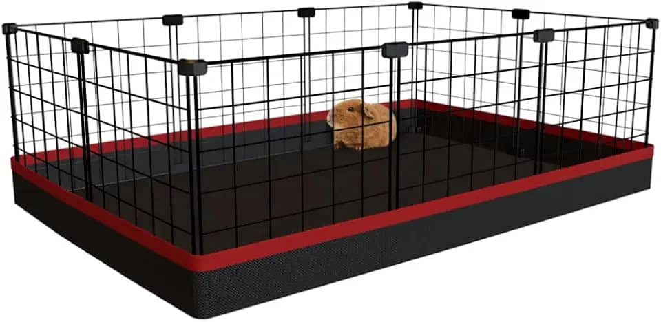 Cercado Aramado Pet Porquinho da Índia 80x120x40cm com Bandeja Higiênica Tapete Impermeável Fácil de Limpar Cercadinho Proteção (Tela Preta e Tapete Vermelho)