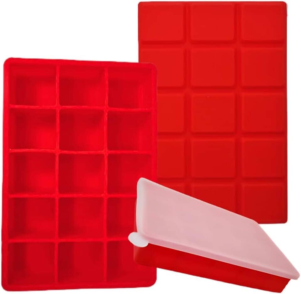 SYMEON Forma de Gelo Silicone Com Tampa Livre de BPA Flexivel 15 Cubos de 27ml Cada Prática Resistente e Reutilizável Forma Para Papinha Gelatina Frutas (FORMAGELO-VERMELHO)
