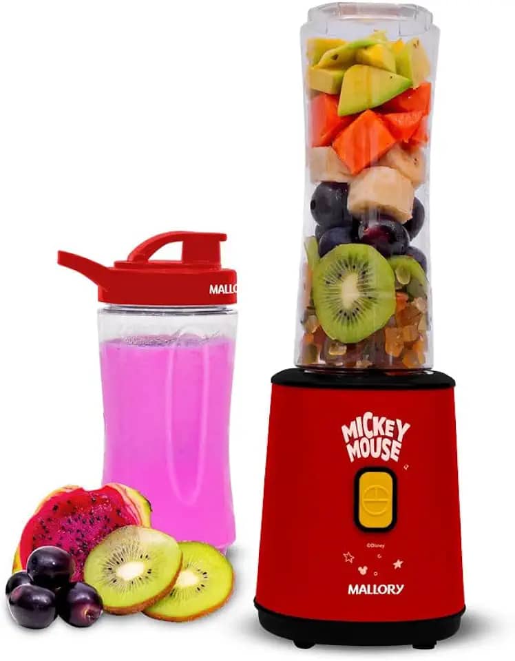 Liquidificador Individual Mallory Mickey Mouse - 2 Copos: 400ml e 600 ml, 300W de potência, Pés antiderrapantes, Comprimento do cabo de 122cm - 127V