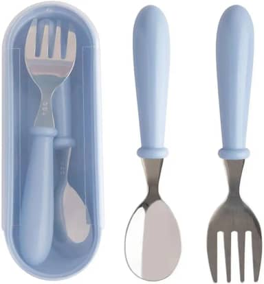 Jogo Talheres Colher Garfo Inox Infantil Kit Com Estojo Bebê, introdução alimentar, passeios e viagens, (Azul)