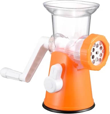 Moedor de Carne Manual Multifuncional, ABS e Aço Inox, Branco e Laranja, 20,8cm, com Manivela e 2 Discos, para Carnes, Aves e Legumes