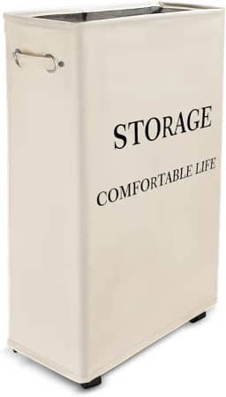 Cesto de Roupa Suja com Rodas 63 cm, 49.6 Litros Cesto de Roupa Suja Dobrável com Alça, Cesto de Armazenamento Alto, Organizador Multiuso Flexível Lavanderia Banheiro Quarto Dormitório (Bege)