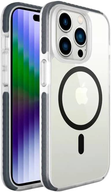 Geonav Capa protetora Impact Pro iPhone 14 Plus, TPU flexível nas extremidades, Compatível com o sistema de imãs MagSafe®, IPI14MSG, Transparente/Cinza Escuro