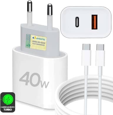 Kit Carregador Super Turbo 40W Porta Dupla (USB-C + USB-A) + Cabo USB Tipo-C, Compatível com Todos Dispositivos, Celulares Samsung, Motorola, iPhone 15/16, Tablets, Notebooks - Android e IOS