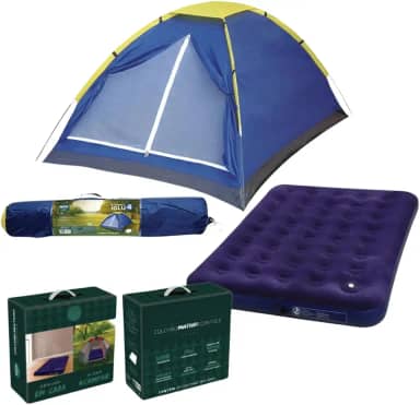 Barraca de Camping Iglú para 4 Pessoas + Colchão Inflável Casal com Inflador Acoplado – Resistente, Portátil e Fácil de Montar