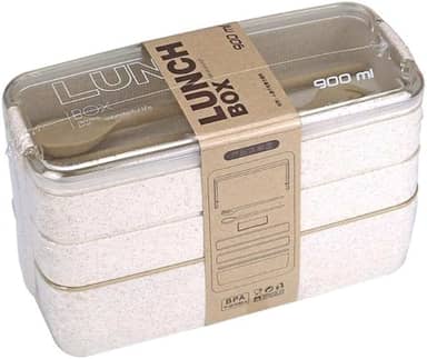 Marmita/Lancheira Japonesa (Bento) Com 3 Compartimentos e Talheres 900ml (Bege)