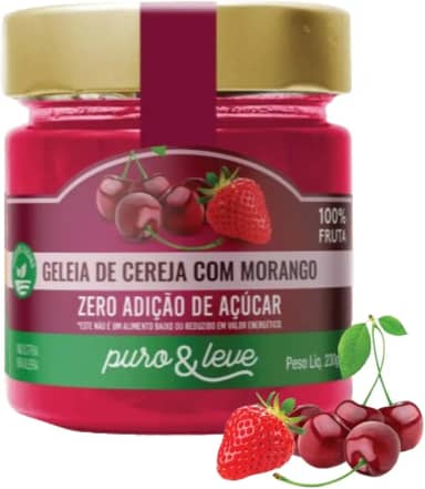 GELEIA DE CEREJA COM MORANGO SAUDÁVEL VEGANA ZERO AÇÚCAR 100% FRUTA PURO & LEVE
