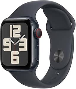 Apple Watch SE GPS + Cellular • Caixa meia-noite de alumínio – 40 mm • Pulseira esportiva meia-noite – P/M