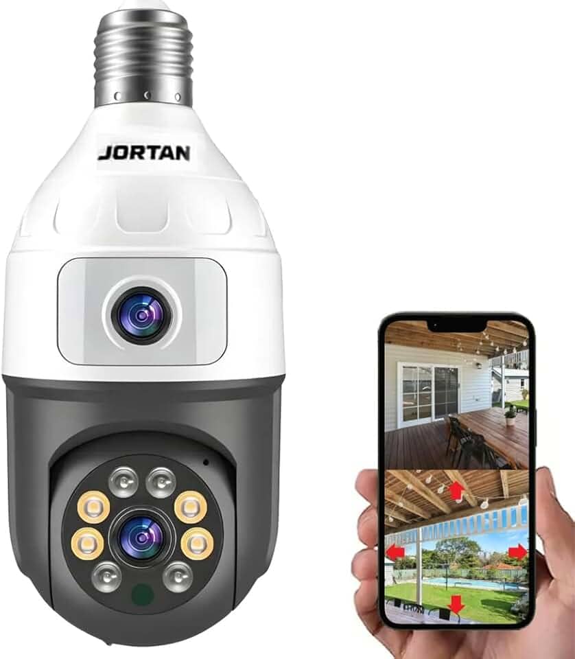 Câmera de Segurança Lâmpada Wi-Fi, Detector de Movimento e Rotação de 360°, Lente Dupla 1080P FHD Colorida e Visão Noturna 128G, Audio Bidirecional, Prova D'água IP44, iOS/Android, PTZ 355°, Espiã,ATM