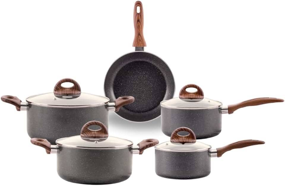 Brinox - Jogo de Panelas Antiaderente Ceramic Life 5 Peças com Fundo de Indução Smart Plus - Granito