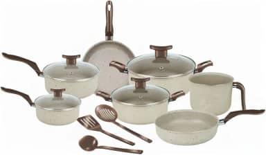 Dona Chefa, Super Jogo De Panelas 10 Peças Elegan Baunilha Tampa de Vidro Antiaderente, Conjunto de Panela para Cozinha Teflon