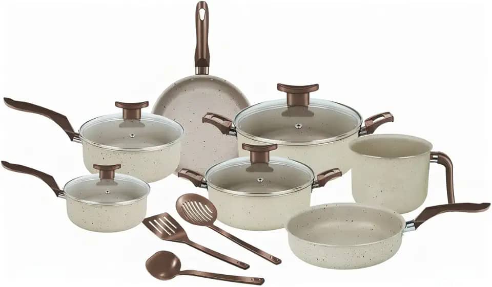 Dona Chefa, Super Jogo De Panelas 10 Peças Elegan Baunilha Tampa de Vidro Antiaderente, Conjunto de Panela para Cozinha Teflon