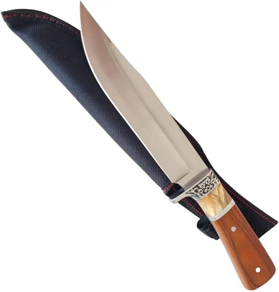 Faca Tática para Churrasco e Camping, 8 Polegadas, Lâmina Inox 420, Cabo em Madeira Estilo Oriental com Bainha em Napa