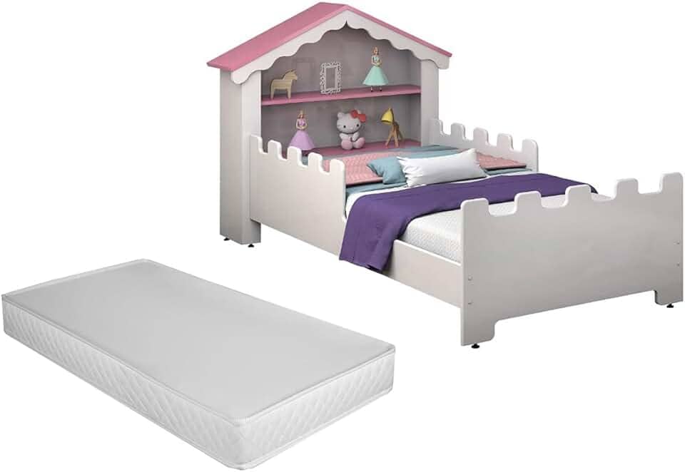 Mini Cama Infantil Casa Magia Quarto Montessoriana Princesa Meninas Com Grade De Proteção Lateral Baby Brinquedos Castelo Com Colchão Cor Branco/Rosa