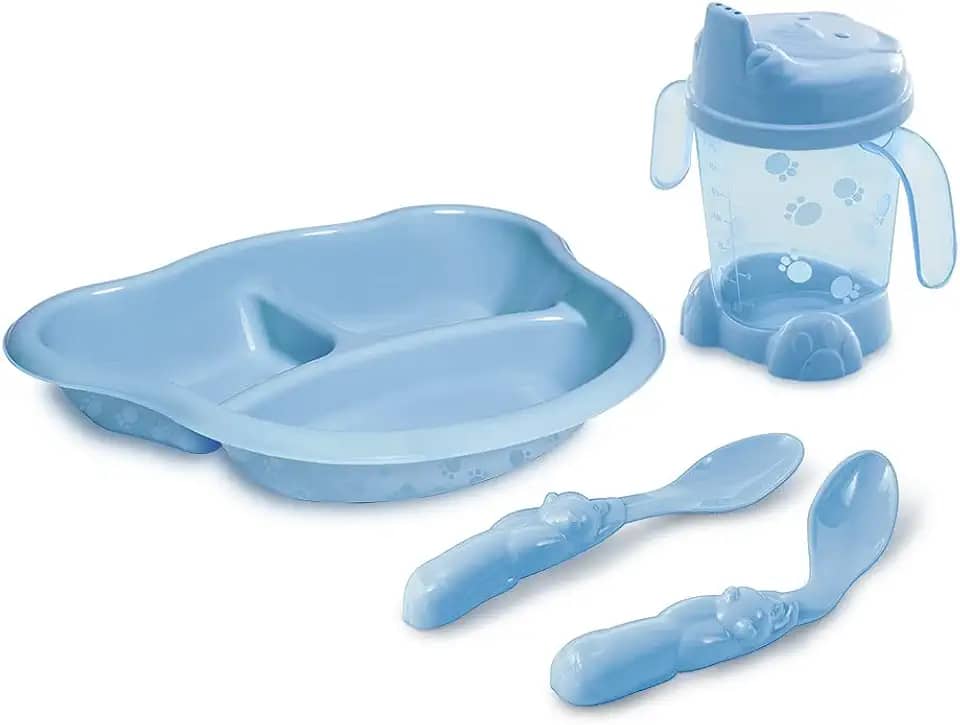 Adoleta Bebê Kit Alimentação Prato Com Divisórias Porta-Suco E Colheres Azul