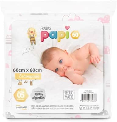 Fralda de Pano Tecido Duplo Rosa 60x60Cm Kit com 05 Un Papi Linha Premium M5 Armarinhos (Menina)
