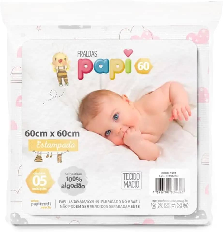 Fralda de Pano Tecido Duplo Rosa 60x60Cm Kit com 05 Un Papi Linha Premium M5 Armarinhos (Menina)