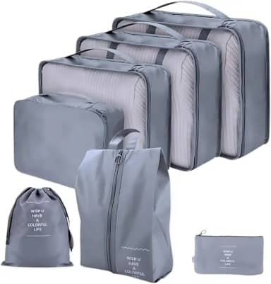 Kit 7 Organizadores de Mala para Viagem Nylon Resistente à Água com Tela Respirável e Zíper Leve Dobrável Bolsas para Roupas Íntimas Sapatos Acessórios Cabos Organização de Bagagem (CINZA)