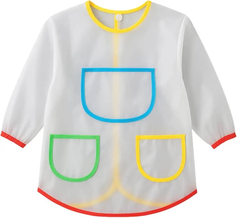 Avental Infantil Pintura Capa Impermeável com Mangas e Bolsos Coloridos Proteção para Pinturas, Refeições e Atividades
