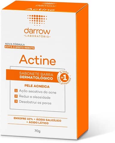 Darrow Actine Sabonete Dermatológico em Barra, Sabonete com Ácido Salicílico, Enxofre Coloidal e Ácido Lático, Limpeza Profunda, Ação Secativa da Acne, Controle de Oleosidade e Desobstrui os Poros, 70g
