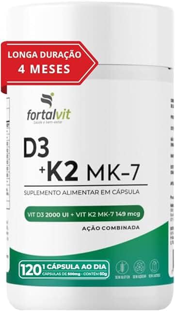 Vitamina D3 + K2 Longa Duração: 4 Meses Uso, 2000UI D3, 149mcg Vitamina K2 MK-7, 120 Cápsulas, Fortalvit