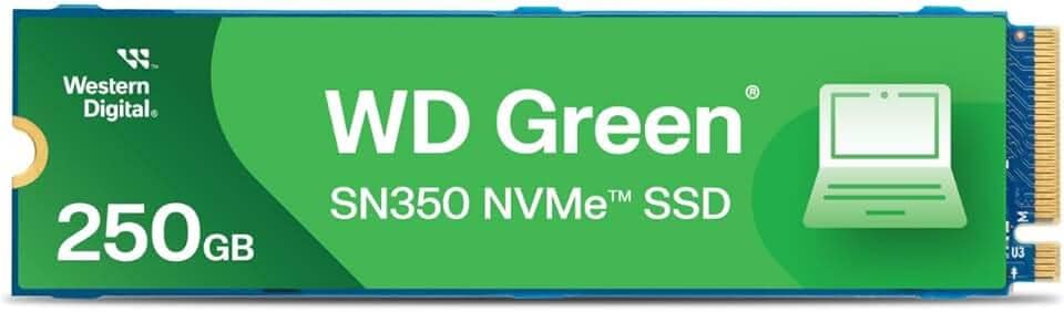 SSD WD Green SN350 250GB NVMe M.2 2280 (Leitura até 2400MB/s e Gravação até 1500MB/s)
