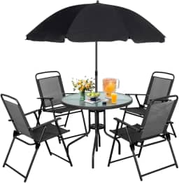 Conjunto Mesa HollyWave Redonda de Vidro com 4 Cadeiras Dobráveis e Guarda-Sol, Ideal para Jardim, Varanda, Quintal e Área de Lazer Externa