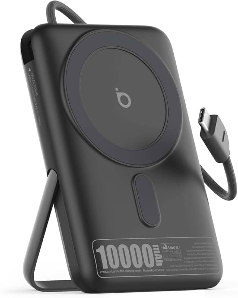 Basike Power Bank Indução 10000mAh – Carregador Portátil Indução 15W, Carregamento Rápido, Tipo-C(1 Porta + Cabo Integrado até 22,5W, Entrada até 18W), Compatível com MagSafe, Suporte Dobrável – Cinza