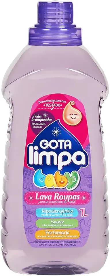 Lava Roupas Baby Líquido, Hipoalergênico, Dermatologicamente Testado, com Branqueador, para Roupas de Bebê - Gota Limpa 1L