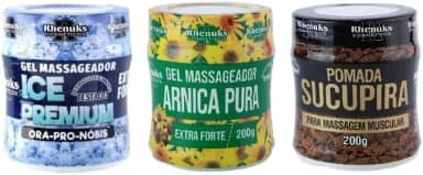 KIT com 3 Pomadas Massageadora, Gel Arnica Pura Extra Forte, Pomada Sucupira, Gel Ice Premium, 200g, 3 Unidades