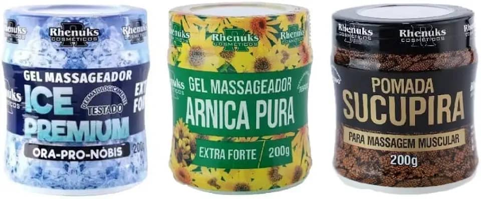 KIT com 3 Pomadas Massageadora, Gel Arnica Pura Extra Forte, Pomada Sucupira, Gel Ice Premium, 200g, 3 Unidades