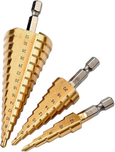 Conjunto de Brocas Escalonadas em Titânio, Aço Rápido HSS, Diâmetros de 4 a 12 mm, 4 a 20 mm e 4 a 32 mm