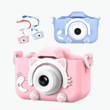 Câmera Digital Infantil Kids Gatinho HD Portátil Tela LCD Recarregável Brinquedo Educativo Antichoque Fotográfico Vídeo com Cabo USB Alça de Segurança Rosa/Azul