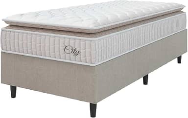 Cama Box Colchão Solteiro Molas Ensacadas City Pillow Top 88x188x61cm Branco/Bege Hellen - Suporta até 110kg por Pessoa