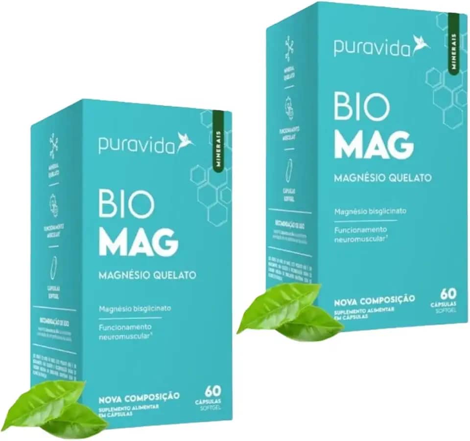 2x Bio Mag - Magnésio Quelato- Pura Vida - 60 Capsulas