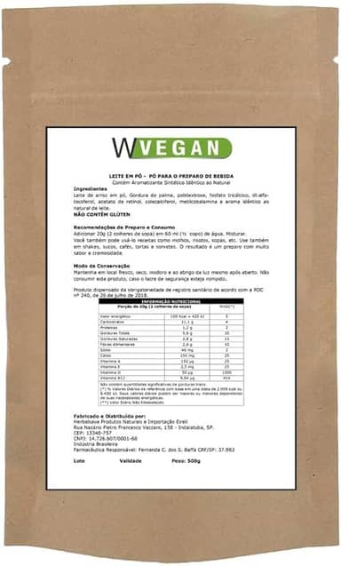 WVegan Leite em Pó de Arroz Vegano, 500g, Sem Glúten, Rico em Vitaminas, para Bebidas e Receitas, Sabor Natural
