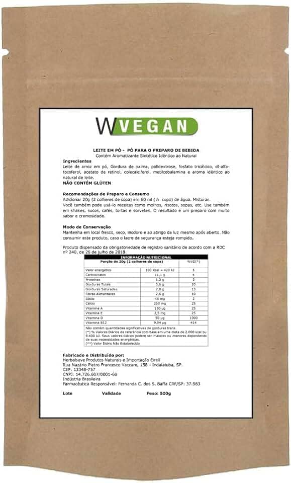 WVegan Leite em Pó de Arroz Vegano, 500g, Sem Glúten, Rico em Vitaminas, para Bebidas e Receitas, Sabor Natural