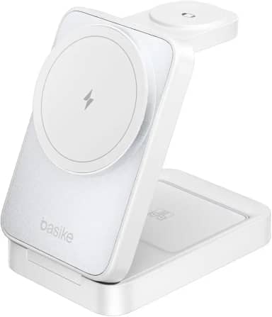 Basike Carregador Sem Fio 3 em 1 Magnético 2025, Estação de Carregamento Portátil com Luz Noturna, Dobrável e Compatível com MagSafe, iPhone 16/15/14/13/12, Apple Watch e AirPod (Branco)