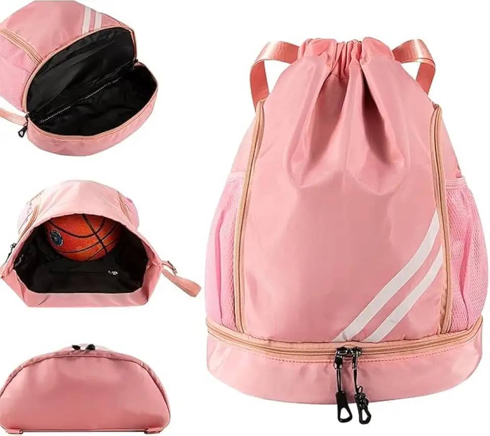 Mochila Esportiva com Cordão Impermeável, Separação Seca e Úmida, Grande Capacidade, Bolsos Laterais em Malha, Ideal para Academia, Viagem e Esportes – Com Listras